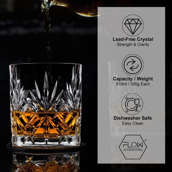 Набір склянок для віскі FLOW Barware 2 шт. | Склянки з кришталю для віскі, скотчу, бурбону, рому, джин-тоніку та негроні | Преміум якість