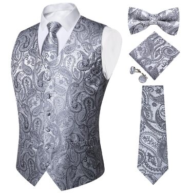 Костюмний жилет чоловічий DiBanGu для весілля з краваткою, нагрудником та запонками, сріблястий візерунок паваролочки