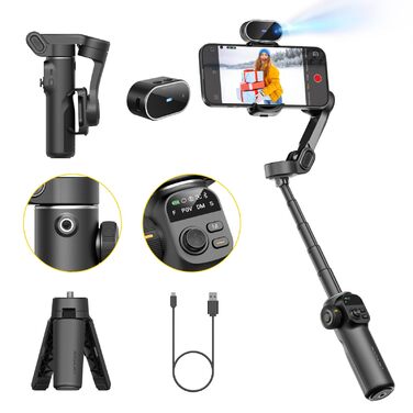 Стабілізатор Gimbal AOCHUAN для iPhone/Android з 7.8-дюймовою штангою та OLED-дисплеєм - 3-осьовий, чорний