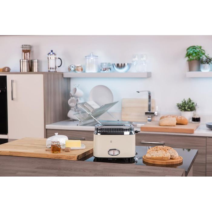 Russell Hobbs Toaster [for 2 slices] Retro Stainless Steel Cream (Retro-style countdown display, includes bun warmer, 6 browning levels + defrost & reheat function, 1300W) Vintage 21682-56