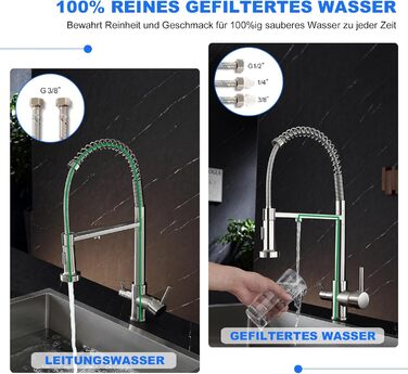 Кухонний змішувач 3 в 1 з поворотним гусаком 360° та двома режимами (з душем), з нержавіючої сталі та латуні, для фільтрації води, з двома ручками