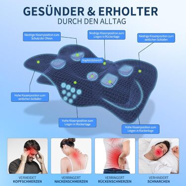 Подушка для шиї та голови з 3D підтримкою, Memory Foam, ергономічна для сну на боці, спині та животі (сіра, 60x33x10/17см)