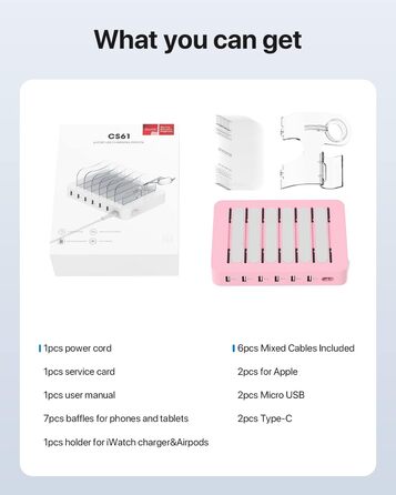 Зарядна станція SooPii USB з органайзером на 6 портів 50W + 6 кабелів + тримач для iWatch, біла (Рожева)