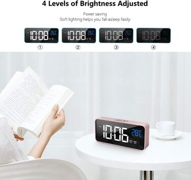 Будильник HOMVILLA Digital з великим LED-дисплеєм температури, двома будильниками, функцією відкладання, регулюванням яскравості та 10 мелодіями для спальні (рожевий)
