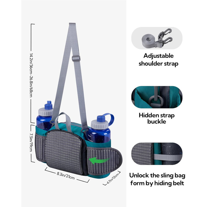Гірчатка WATERFLY з тримачем для пляшки, регульований ремінь, поясна сумка для собак, кишеня для телефону, водонепроникна, для піших прогулянок, подорожей, кемпінгу (зелена)