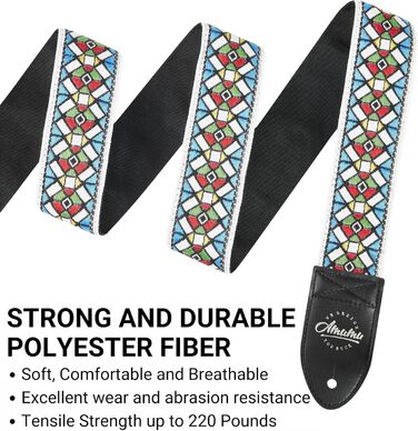 Гітарний ремінь Amumu з бавовни з вишивкою троянд та шкіряними кінцями для бас-, електро- та акустичної гітари, з фіксатором для голівки та блоками для ременя (Білий)