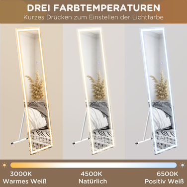 HOMCOM Full-Length Mirror 40x150cm Standing and Wall Mirror with LED Lighting, 3 Light Colors, Touch Switch in White