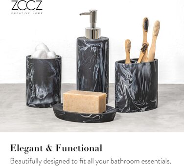 Набір для ванної кімнати ZCCZ: 4 предмети (тримач для зубних щіток, дозатор мила, мильниця, стакан для зубних щіток) – чорний мармур, елегантне зберігання косметики
