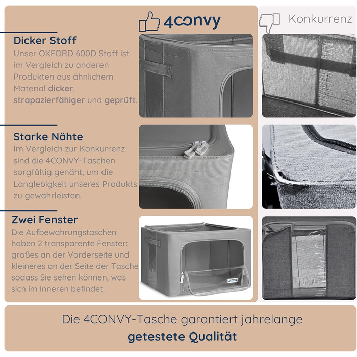 Sturdy Foldable Clothes Storage Box with Zipper, Metal Frame - [2024 IMPROVED MATERIAL] Duvet Storage Bag - Stable Storage Box for Clothes - (Dark Gray, 3x66L)
