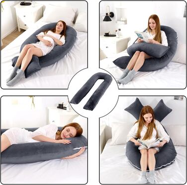 Подушка для вагітних Caliyo 2 шт. U-подібної форми, подушка для сну на боці з чохлом, подушка для годування, велика, комфортна подушка для вагітних (сірий, кристалевий велюр)