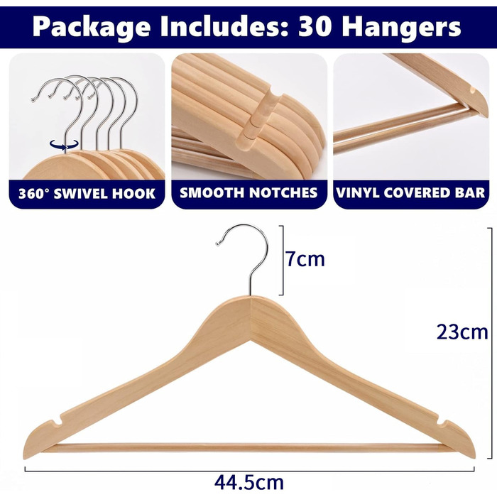Amber Home 30-Piece 17.5-inch Natural Wooden Clothes Hangers with Bar and Notch, Sturdy Hanger for T-Shirt, Shirt, Suit, Coat, Dress, Wedding, Camisole