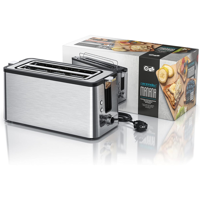 Тостер Arendo з нержавіючої сталі, 4 слоти, підігрів, підставка для бургерів, 1400 Вт, лоток для крихт, дисплей з таймером, сріблястий