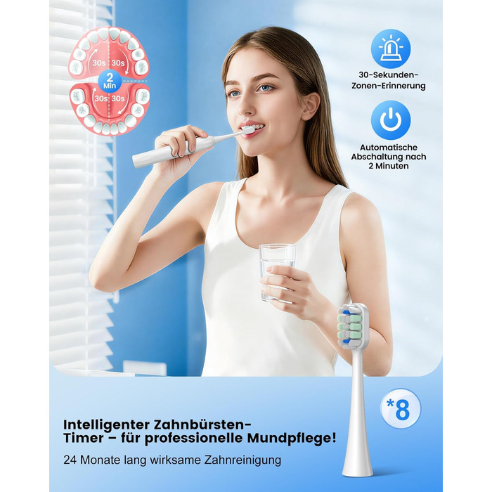 Електрична зубна щітка зі звуковими вібраціями, 5 режимів, таймер 30с, для відбілювання зубів за 2 тижні, 8 змінних насадок з м'якою 3D-щіткою, IPX7, 8 насадок