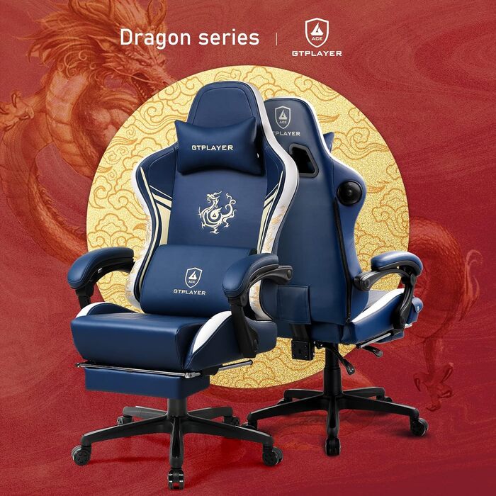 Ігрове крісло GTPLAYER Dragon Series з Bluetooth-динаміками, підставкою для ніг, ергономічне комп'ютерне крісло для геймерів, синє