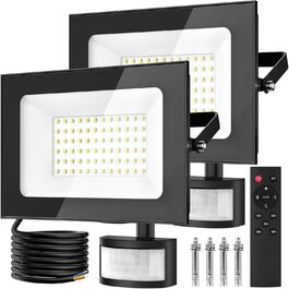 papasbox 2 Pack LED Floodlights with Motion Sensor and Light Sensor | Outdoor Floodlights/Spotlights with Remote Control | 6500K Cool White IP66 Waterproof Floodlight for Garden, Garage, Sports Field (50W, 2 Pack)