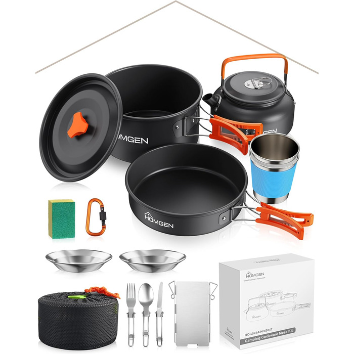 Набір кухонного посуду для кемпінгу HOMGEN: каструлі та сковорідки з алюмінію, легкий, для 2-3 осіб, з сумкою, для кемпінгу, пікніків, походів