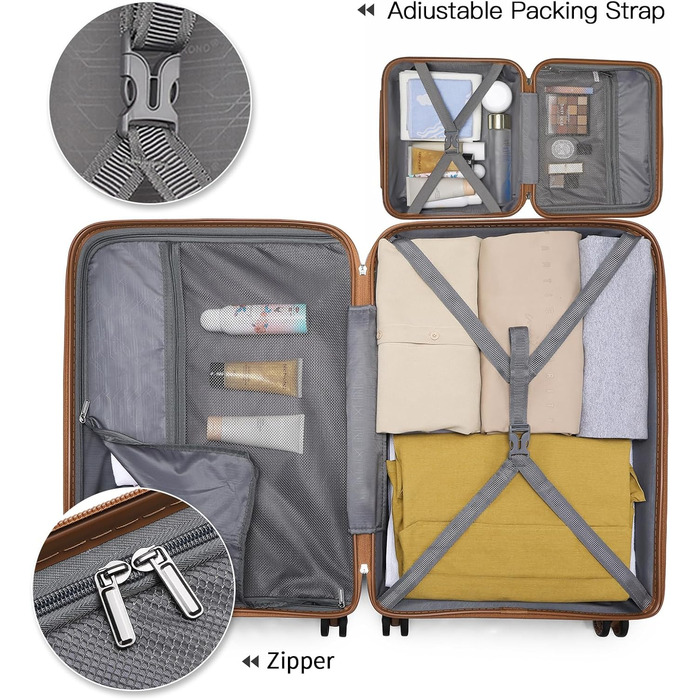 Чемодан для подорожей на 4 колесах, міцний та легкий, TSA-замок, YKK-блискавка, тихі колеса, ручна поклажа з косметичкою (Синій/Коричневий, косметичка)