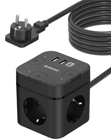 Багатофункціональний USB-розподільник 6 в 1 з USB-C, 3 розетки, індивідуальне вмикання, куб, кабель, для офісу, дому, подорожей (4M, чорний)