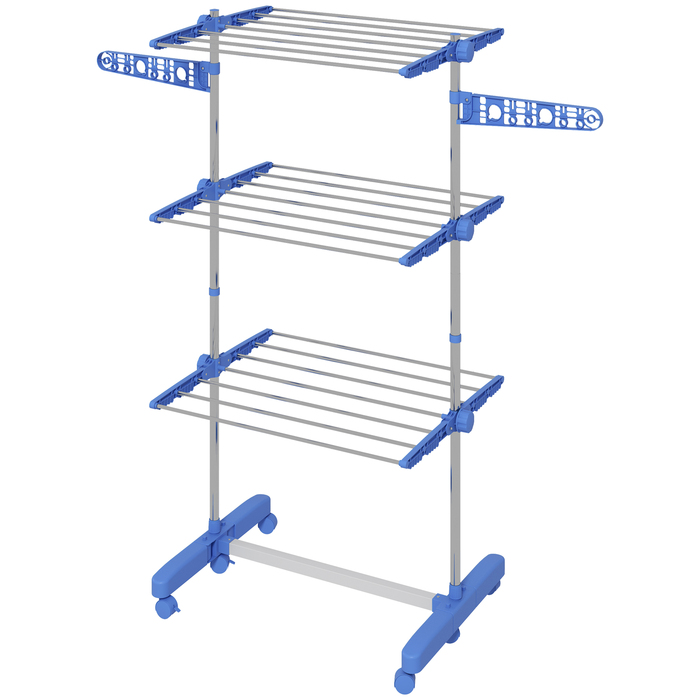 HOMCOM Clothes Dryer Tower with Wheels, 3 Tiers, Foldable Side Wings, Steel, Blue | Aosom