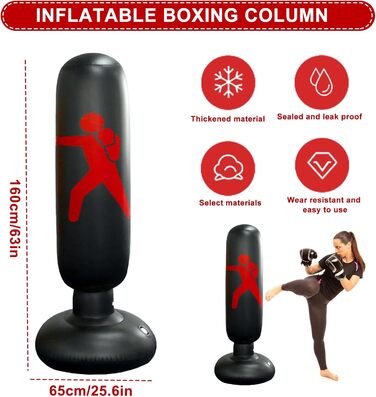 Надувний боксерський мішок для дітей 160 см, рукавиці та насос - для занять боксом, карате в приміщенні та на вулиці, чорний