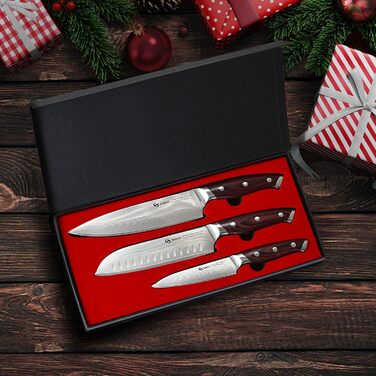 Набір кухонних ножів Sanhui Damast: 3 ножі з дамаської сталі з ручками з паккавуда. Професійний набір ножів у подарунковій коробці - ідеальний для професійних та аматорських кухарів.