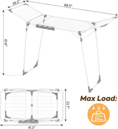 Сушарка для білизни KINGBOARD розкладна велика, крилатий сушарка висувна 174x97x156 см, стійка сушарка з антиковзними ніжками для дому та вулиці, біла