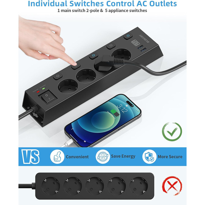 Мережевий фільтр Steckdoseleiste з індивідуальним керуванням, 5 розеток, настінний монтаж, захист від перенапруги 1050 Дж, для дому та офісу, кабель 2 м (4 розетки з USB, чорний)