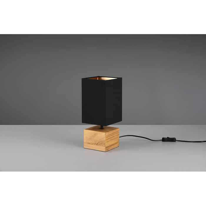 Настільна лампа Reality Leuchten Woody R50181080 з дерев'яним цоколем, чорний матовий метал, абажур з тканини золотого кольору, без лампочки E27 (12x12 см)