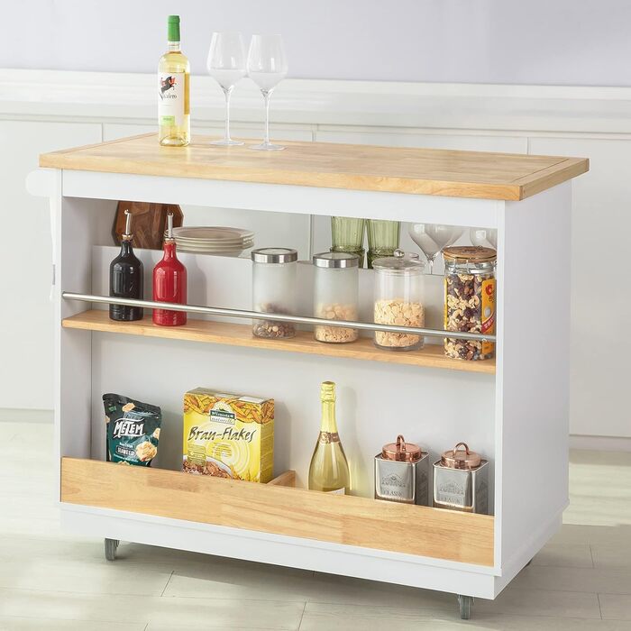 SoBuy Kitchen Cart with Countertop - Rolling Kitchen Island with Spice Rack & Storage - White & Natural Finish