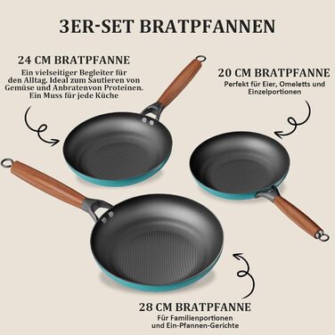 Набір сковорідок YUTANN 3 шт. з чавуну, з антипригарним покриттям, знімний дерев'яний ручка, для газової плити, індукції, духовки, без PFAS/PFOA, легко миються, блакитний