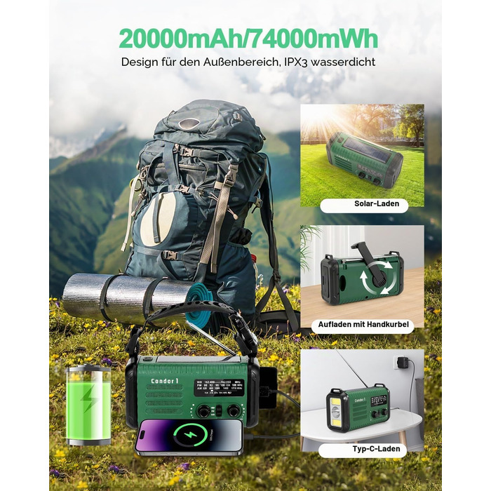 Радіо Kurbelradio 20000mAh сонячне з ручним заводом, AM/FM, SOS, LED-ліхтарик, USB зарядка для телефону, аварійне живлення, зелений