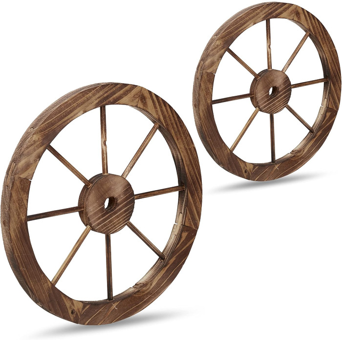 Relaxdays Wooden Wagon Wheel, 2-Piece Set, Decoration for Garden, Terrace, Veranda, Rustic Spoke Wheel, Saloon, Western, Brown