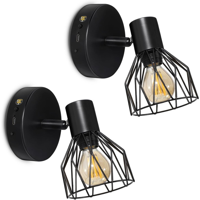 LED настінний світильник Kimjo з таймером, 2 шт., чорний, з акумулятором, диммування, E14, для спальні/вітальні