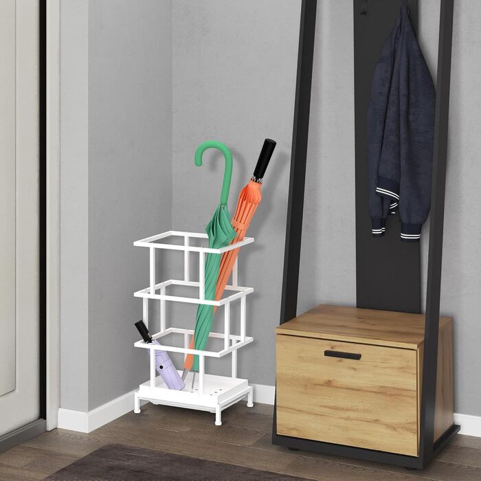 Металева підставка для парасольки Alyoen з водозбірником та регульованими ніжками, 26.5 x 21.5 x 47.5 см, для великих та маленьких парасольок, білий колір