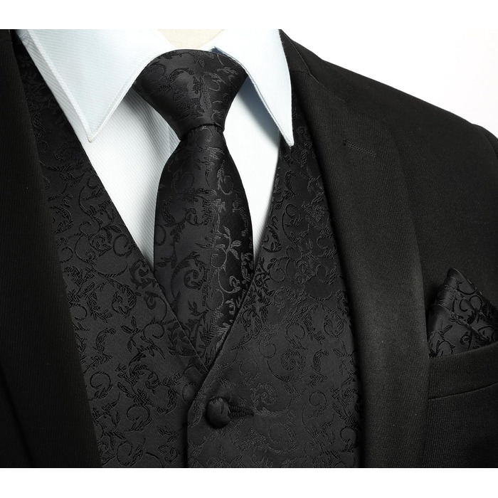 Костюмний жилет для чоловіків HISDERN з квітковим візерунком (павловус) чорного кольору, комплект: жилет, краватка, кишеньковий хустинка, матеріал: жаккард, розмір L
