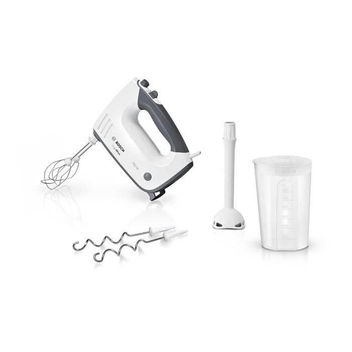 Ручний міксер Bosch ErgoMixx MFQ37470 з блендером, чашею та гаками для тіста, нержавіюча сталь, 750 Вт, 5 швидкостей + Turbo, білий/сірий