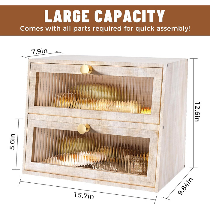 Дерев'яний хлібниця великого розміру, 2-ярусний, з акриловим вікном, стиль фермерський дім (білий/оптимальний сад)