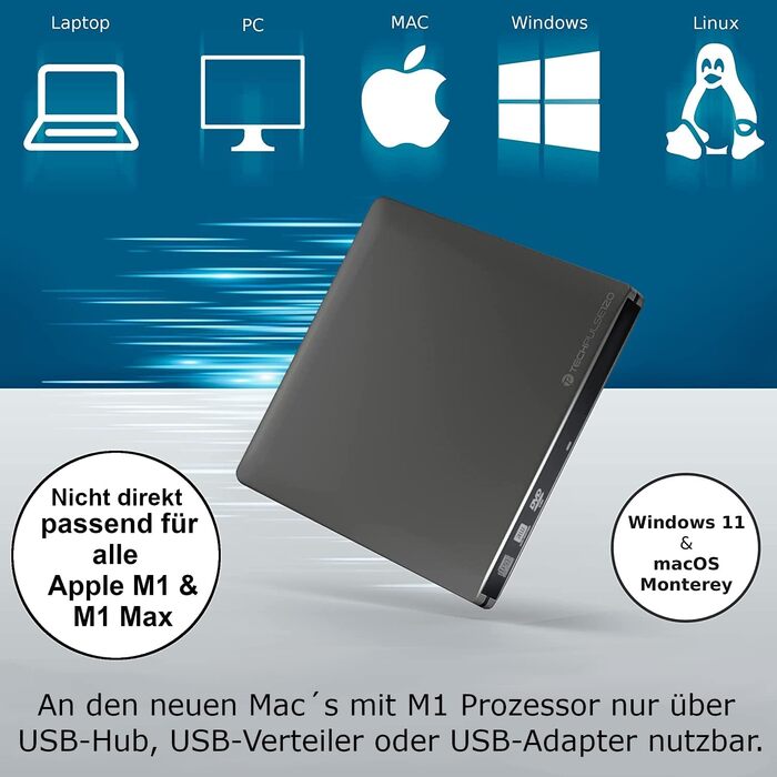 Зовнішній USB 3.0 DVD/CD привід-записувач techPulse120, портативний Slim Drive CDRW/DVDRW для ноутбука та ПК, алюміній, сірий