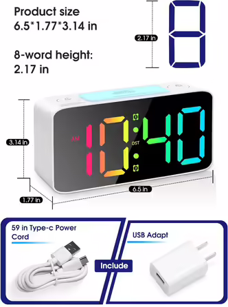 Loud Alarm Clock for Adults, Digital Clock with 7 Color Night Light, Adjustable Volume, Dimmer, USB Charger, Small Clocks for Bedrooms, Okay for Waking Up Kids, Teens (white)