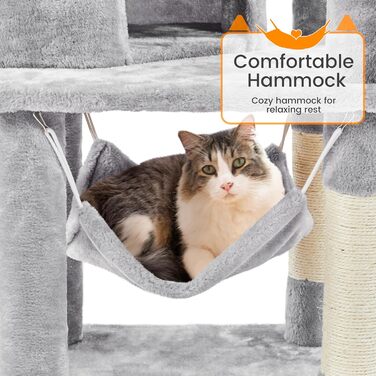 Кігтеточка Yaheetech XXL для котів, 175 см, для 3-4 котів, стабільна, з сизалевими стовпчиками, платформами, гамаком, м'ячиком, сірий колір