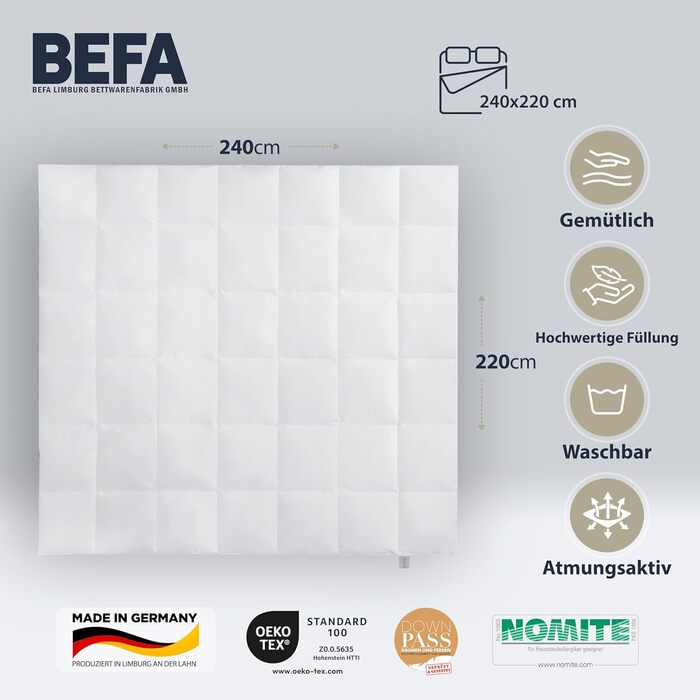 Зимова ковдра BEFA NATUR 240x220 см, 60% пуху, 40% пера, для алергіків, сертифікат Öko-Tex 100, Downpass, Німеччина