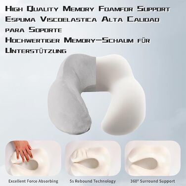 Подушка для шиї у подорожах: автомобільна, для літака, з піною з пам'яті та м'яким велюровим чохлом. Подушка-вишенка для дорослих, для подорожей, кемпінгу, офісу та дому (Сірий, бавовна)