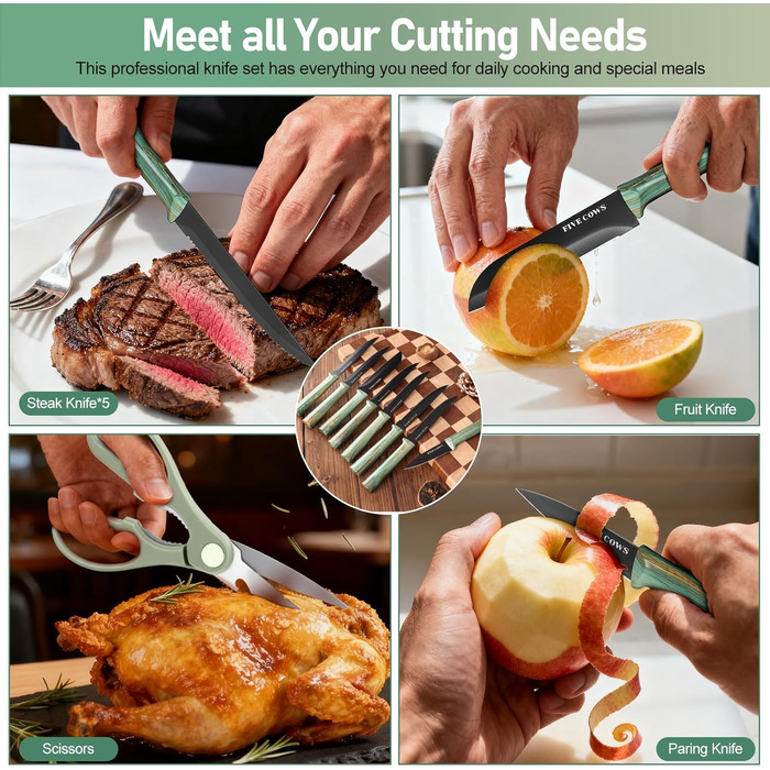 Набір кухонних ножів Messerblock з 16 частинами: ножі, обробна дошка, захист пальців, точилка та кухорізаки. Професійний набір для дому (зелений)