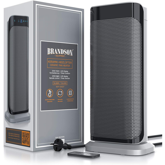 Керамічний обігрівач Brandson 2000 Вт з дистанційним керуванням, енергоощадний, тихий, для ванної, з осциляцією, срібний, сертифікат GS, переможець 2024