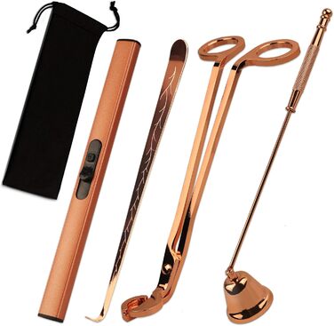 KOAKOMI Candle Accessory Set, Wick Trimmer, Candle Snuffer, and Wick Dipper for Candles, Aromatherapy Lovers, Gift, Stainless Steel Candle Care Set (Rose Gold, 4 Pieces with Lighter)