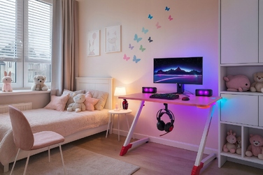 Ігровий комп'ютерний стіл з LED-підсвіткою, сучасне геймерське письмовий стіл, 120 см, рожевий