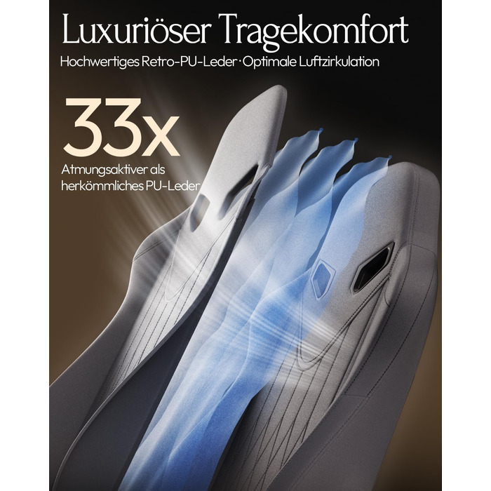 Ігрове крісло Dowinx з масажем, ергономічне, до 135 кг, сіре. Підтримка попереку та шиї, регулювання висоти, шкіра для дорослих