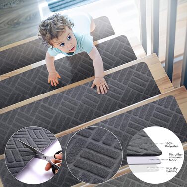 Килимки на сходи YISUN 15 шт., самоклейні, антиковзні, 20x65 см (Сірий). Для дітей, літніх людей та собак. Для внутрішнього та зовнішнього використання.