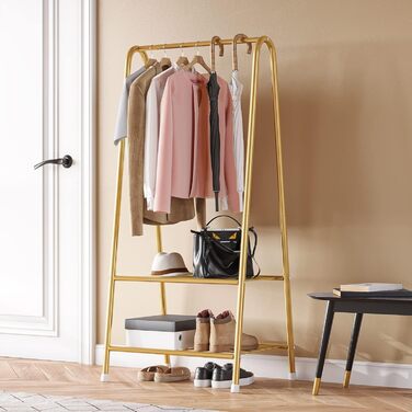 Robust metal clothes rack with double shelves for hanging clothes, freestanding and portable, 62 L x 35 W x 157.5 H cm, space-saving, gold