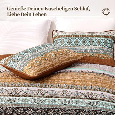 WONGS BEDDING Quilt Cover 220x240 Bedspread Bohemian Throw Blanket Stepped Quilt 3-Piece Double Bed Quilted Blanket Microfiber Living Blanket with 2 Pillowcases 50x70 for Bedroom as Sofa Cover (Bohemian) (220x240 cm, Brown)